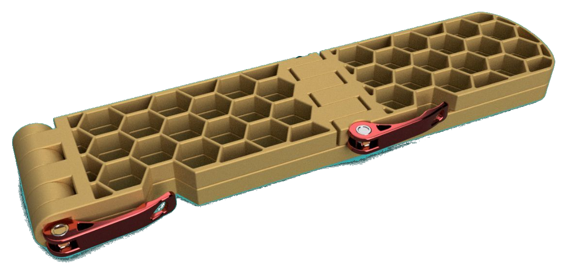 Set-Lock Splint CAD render — tan honeycomb plates with red lock levers and articulated hinge
